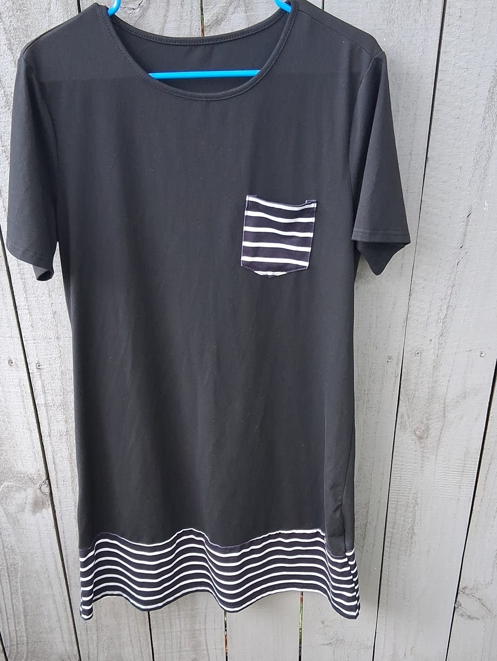 Black Short-Sleeve Shift Dress with Striped Pocket & Hem
